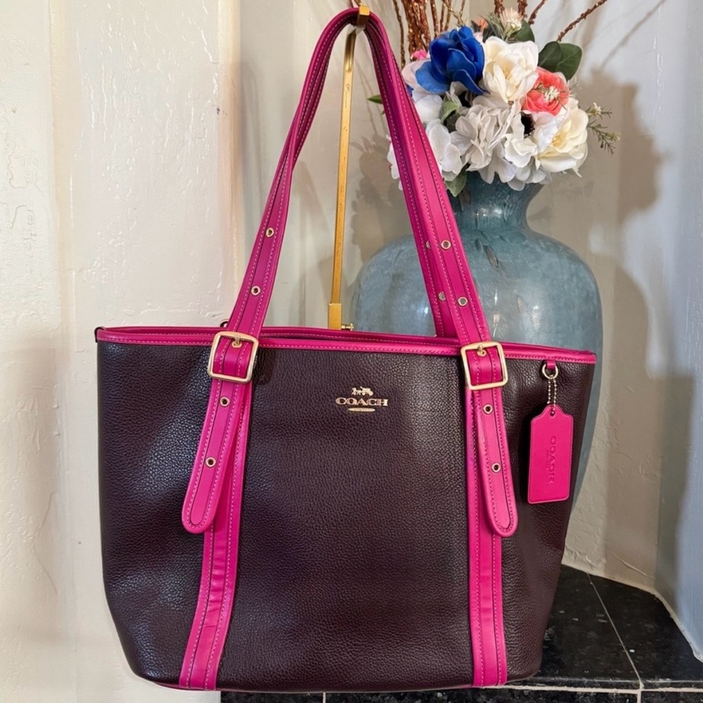 Coach Ashton Tote Bag #CM080 Oxblood & Fuchsia Pebble Leather $450 Retail - NWT - Picture 3 of 14